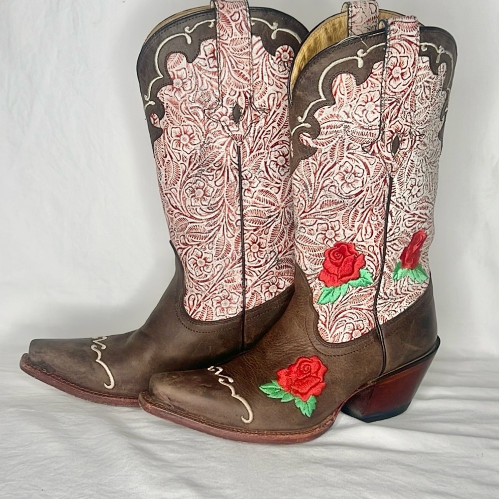Tony Lama Brown and Red Floral Embroidered Western Heeled Boots